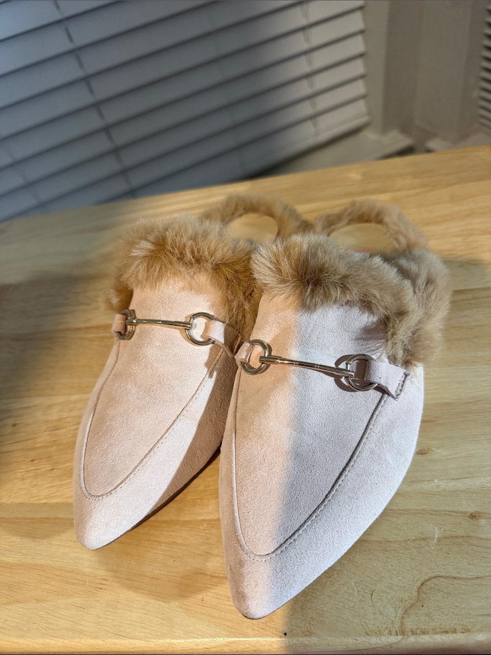 Pointed Faux-Suede Mules with Faux-Fur Trim in Blush